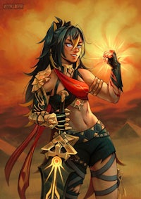 a female character holding a sword in the desert