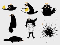 a set of black cat illustrations with a black cat in the middle