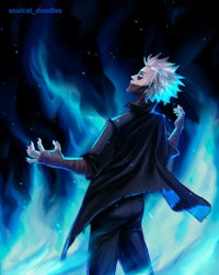 an anime character standing in front of a blue flame