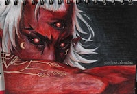 a drawing of a red demon with white hair