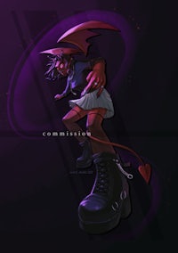 an image of a devil wearing black boots and a purple background