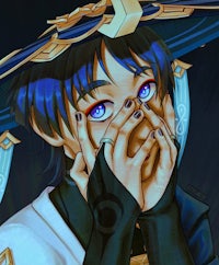 a character with blue eyes and a hat covering his face