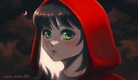 a girl in a red riding hood with green eyes