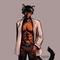 a drawing of a man in a white coat with a cat on his chest