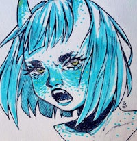 a drawing of a girl with blue hair and horns