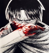 a drawing of a man with blood on his face